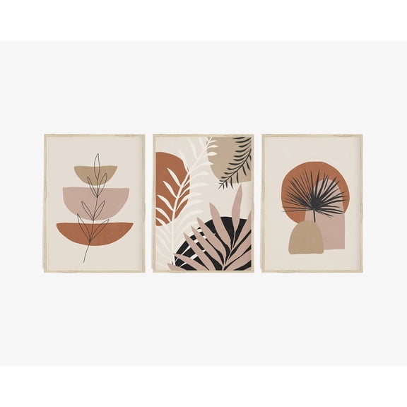 Abstract Botanical Prints Boho Shapes Tropical Leaves Terracotta Pink Set 3 Stretched Canvas 16x24