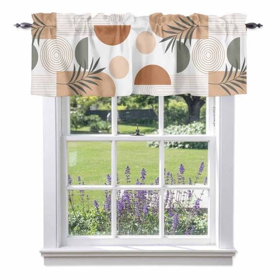 Abstract Botanical Valance Curtain 1 Panel, Boho Minimalist Modern Beige Arches Line Leaf Kitchen Valance with Rod Pocket Window Treatment Short Curtains for Bathroom Bedroom, 60 x 14 Inches