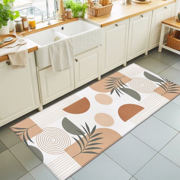 Abstract Botanical Washable Runner Rugs 2'x6', Boho Minimalist Modern Beige Arches Line Leaf Washable Runner Rug Non-Slip Sturdy Edge Binding Carpet for Bedside Hallway Runner Kitchen Galley