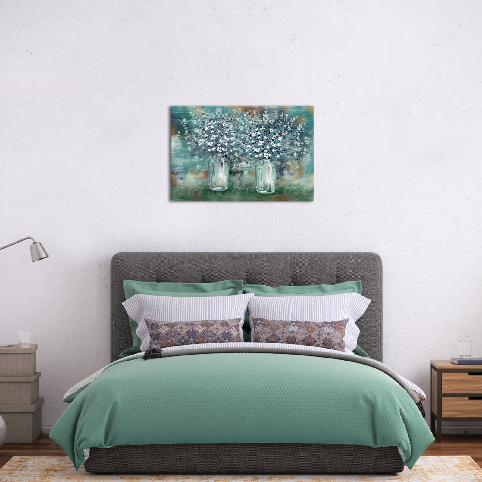 Abstract Bouquet Framed Canvas Wall Art Clearance Poster Picture Green Flowers in Vase Artwork