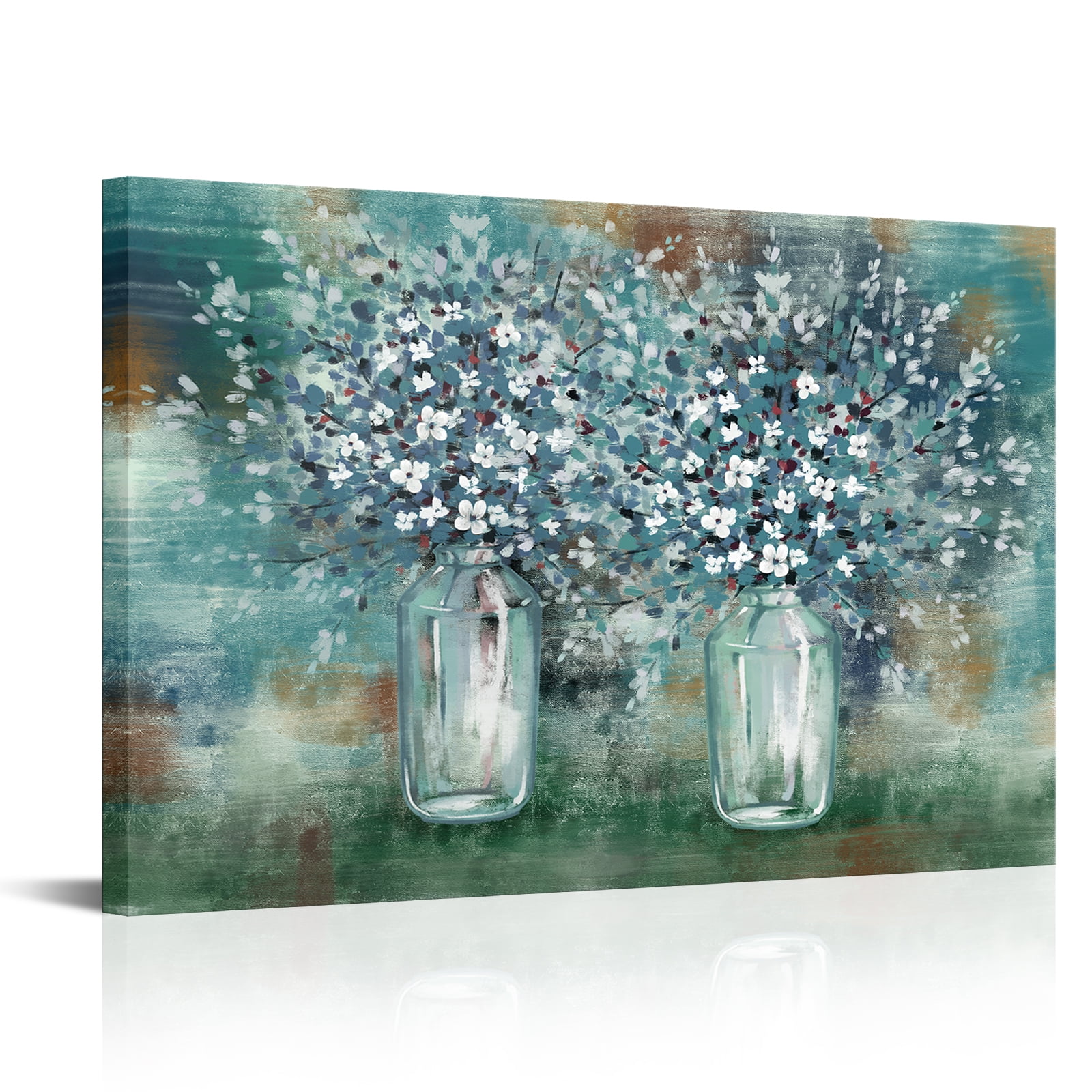 Abstract Bouquet Framed Canvas Wall Art Clearance Poster Picture Green Flowers in Vase Artwork