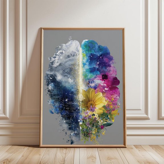 Abstract Brain Art Print Science Formulas Flowers Logic Creativity Fusion Wall Decor, Unframed Paper Print