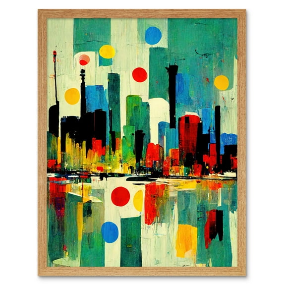 Abstract Bright Midcentury Style Colourful Cityscape Skyline Painting Blue Red Yellow Pink Green Art Print Framed Poster Wall Decor 12x16 inch