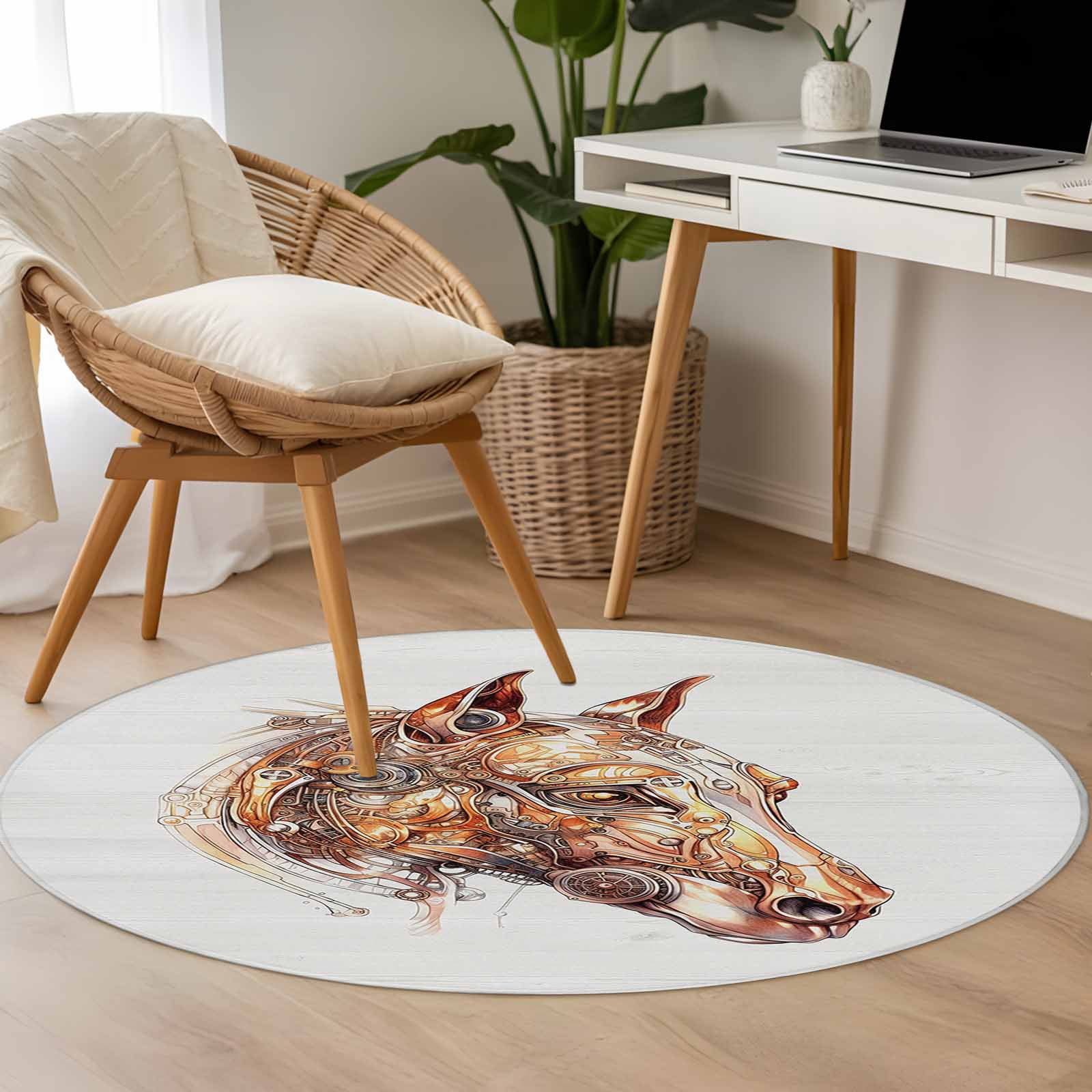 Abstract Brown 3.3ft Round Rug for Bedroom Reading Corner, Mechanical ...