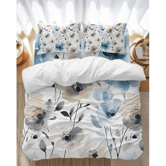 Abstract Brown Bedding Duvet Cover Set King Size 4 Pieces Blue Floral Vintage Watercolor Blossom Flowers Bedding Set with Zipper Closure, 1 Comforter Cover 92x106 Inches 1 Flat Sheet & 2 Pillow Cases