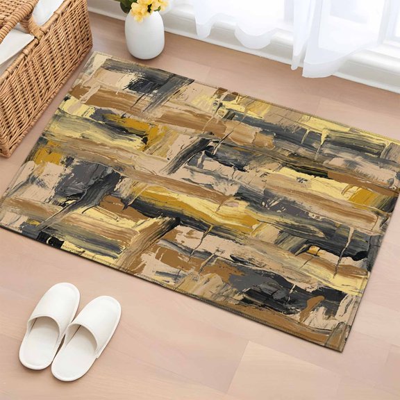 Abstract Brown Entryway Rug 2'x3' Non Slip Front Door Mats, Vintage Shabby Oil Painting Geometric Entrance Rugs Indoor Outdoor Carpet, Washable Floor Mats Small Area Rug for Bedroom Kitchen