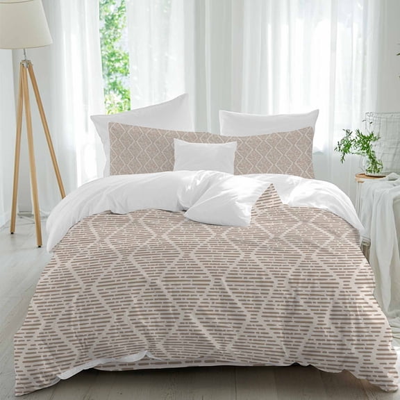 Abstract Brown Geometric Queen Size Comforter Set, Argyle Stripes Beige Lines Minimalist Bedding for All Seasons, 4 Pcs Bed Set, 1Quiltcover (90"x92") ,1Sheet(94"x116"), 2Pillowcases (30"x20")