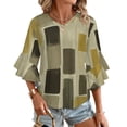 thumbnail image 1 of Abstract Brown Gold Rectangles Art Women's V-Neck Blouse With 3/4 Ruffled Bell Sleeves Casual Top Ladies Blouses, 1 of 7