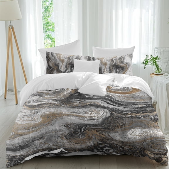 Abstract Brown Gray Marble Queen Size Bed Set,Modern Watercolor Liquid Bedding for All Seasons,4 Pcs Bed Set,1 Quiltcover(90"x92"),1 Sheet(94"x116"),2 Pillowcases(30"x20")