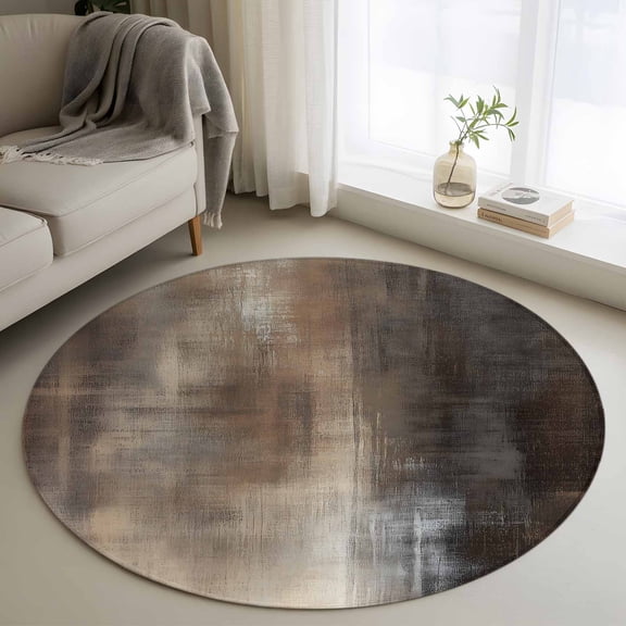Abstract Brown Paint 3FT Round Area Rugs for Living Room Vintage Gradient Mottled Art Ultra-Thin Non-Slip Round Rugs Machine Washable Low Pile Circle Carpet for Bedroom Kitchen Nursery