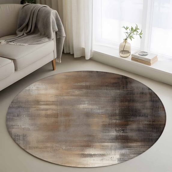 Abstract Brown Paint Round Rugs for Living Room 3ft Vintage Wood Gradient Mottled Art Non Slip Circle Rug Washable Low-Profile Indoor Carpet for Bedroom, Dining Room, Bathroom