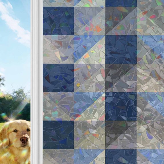 Abstract Brown Rainbow Window Privacy Film, Blue Triangle Geometric Modern Stained Glass Window Film, Sun Blocking Glass Clings Static Cling Non Adhesive Door Stickers 17.7 x 39.3 Inches