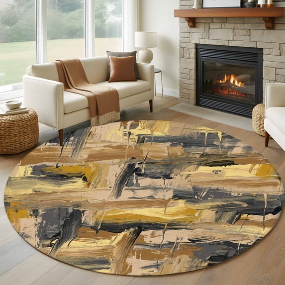 Abstract Brown Round Area Rug 8Ft Washable Large Circle Rugs for Living Room Dorm, Vintage Shabby Oil Painting Geometric Non-Slip Carpet Floor Mats Indoor Outdoor Carpet Runner Aesthetic Home Decor