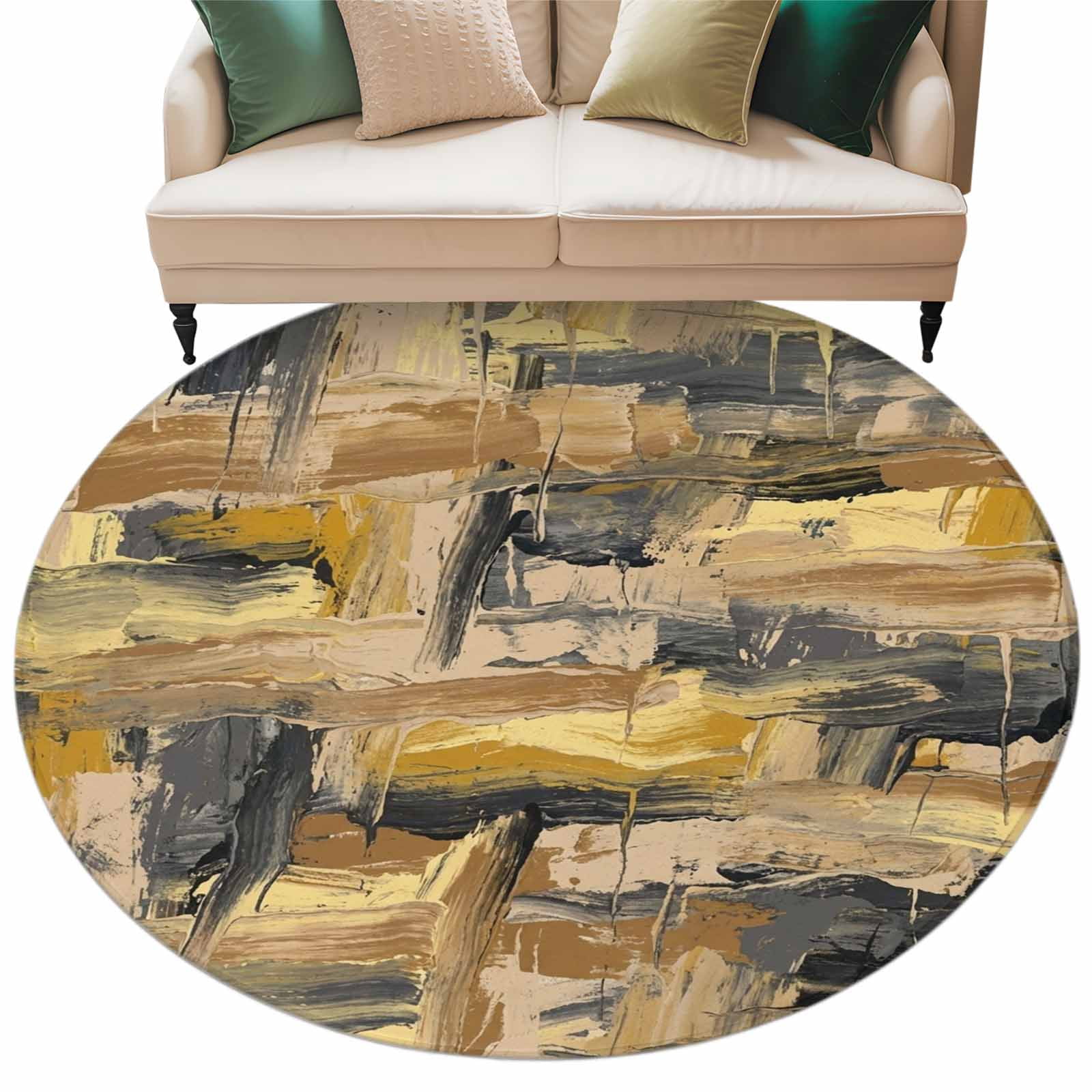 Abstract Brown Round Rug 5ft Washable Circle Kitchen Rugs Non Slip ...