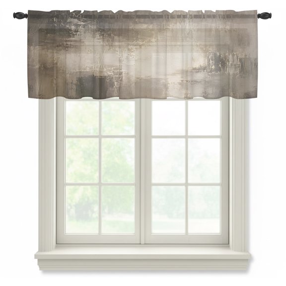 Abstract Brown Sheer Curtain 12 Inch Long Minimalist Vintage Scraped Plaster Patch Light Filtering Rod Pocket Voile Curtain Valance for Bedroom Kitchen Cafe Window 42" W x 12" L