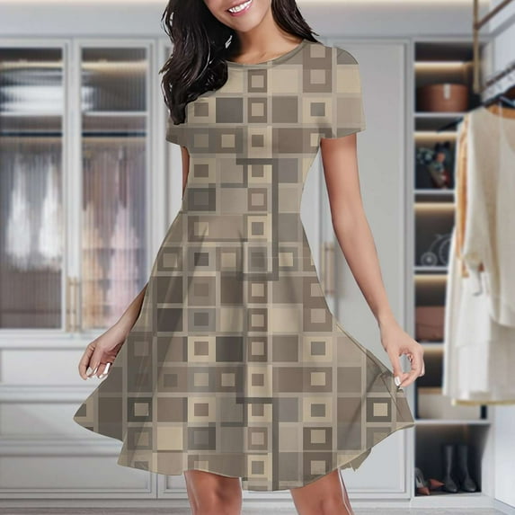 Abstract Brown Square Pattern Women's Classic Swing Skater Dress Casual Work Party Cocktail Dresses