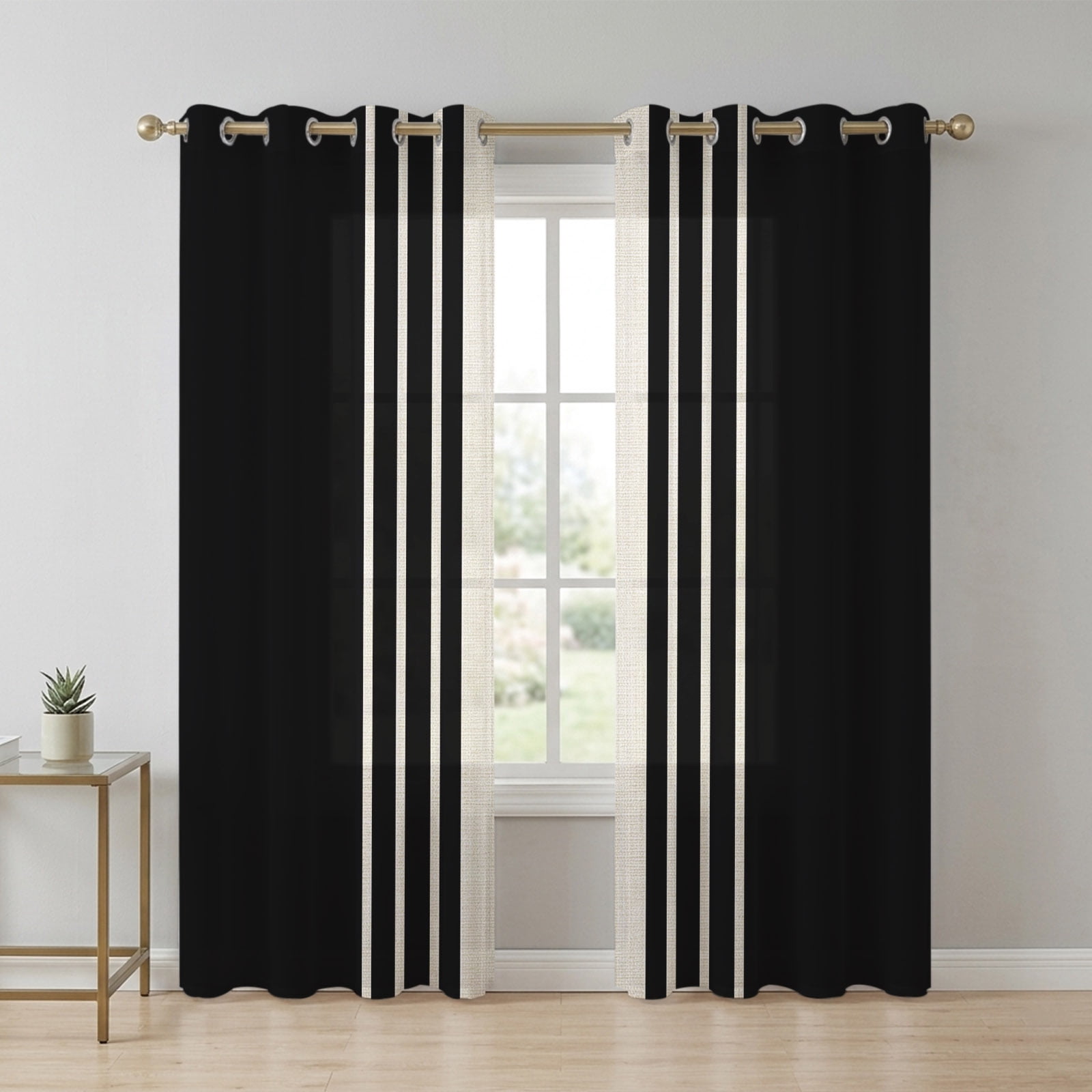 Abstract Brown Striped Sheer Curtains 90 Inch Long 2 Panels, Simple ...