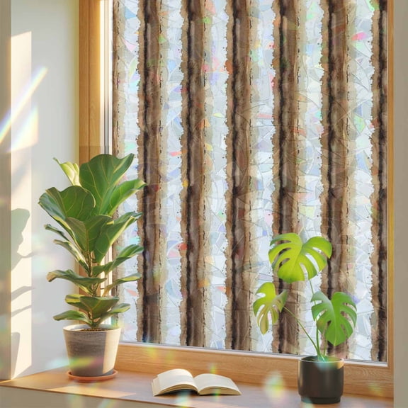 Abstract Brown Stripes Window Privacy Film, Dreamy Brown White Striped Country Stained Glass Rainbow Film Decorative Window Clings, Static Cling Sun Blocking Stickers 23.6" x 59"