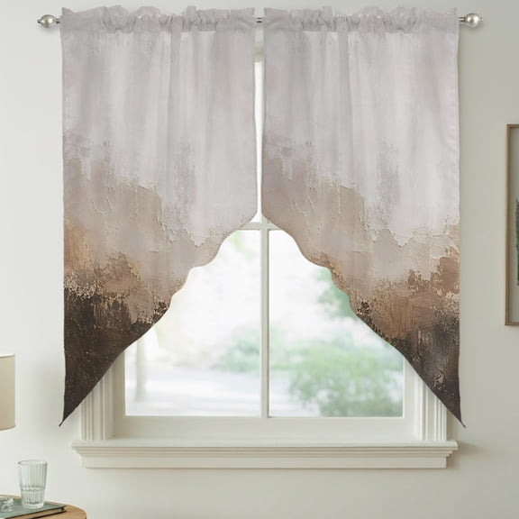 Abstract Brown Swag Curtain Valances for Kitchen, Minimalist Vintage Sandy Beige White Textured Rod Pocket Curtains Window Treatment Swag Valance for Bedroom Bathroom, 2 Panels 36 x 63 Inch