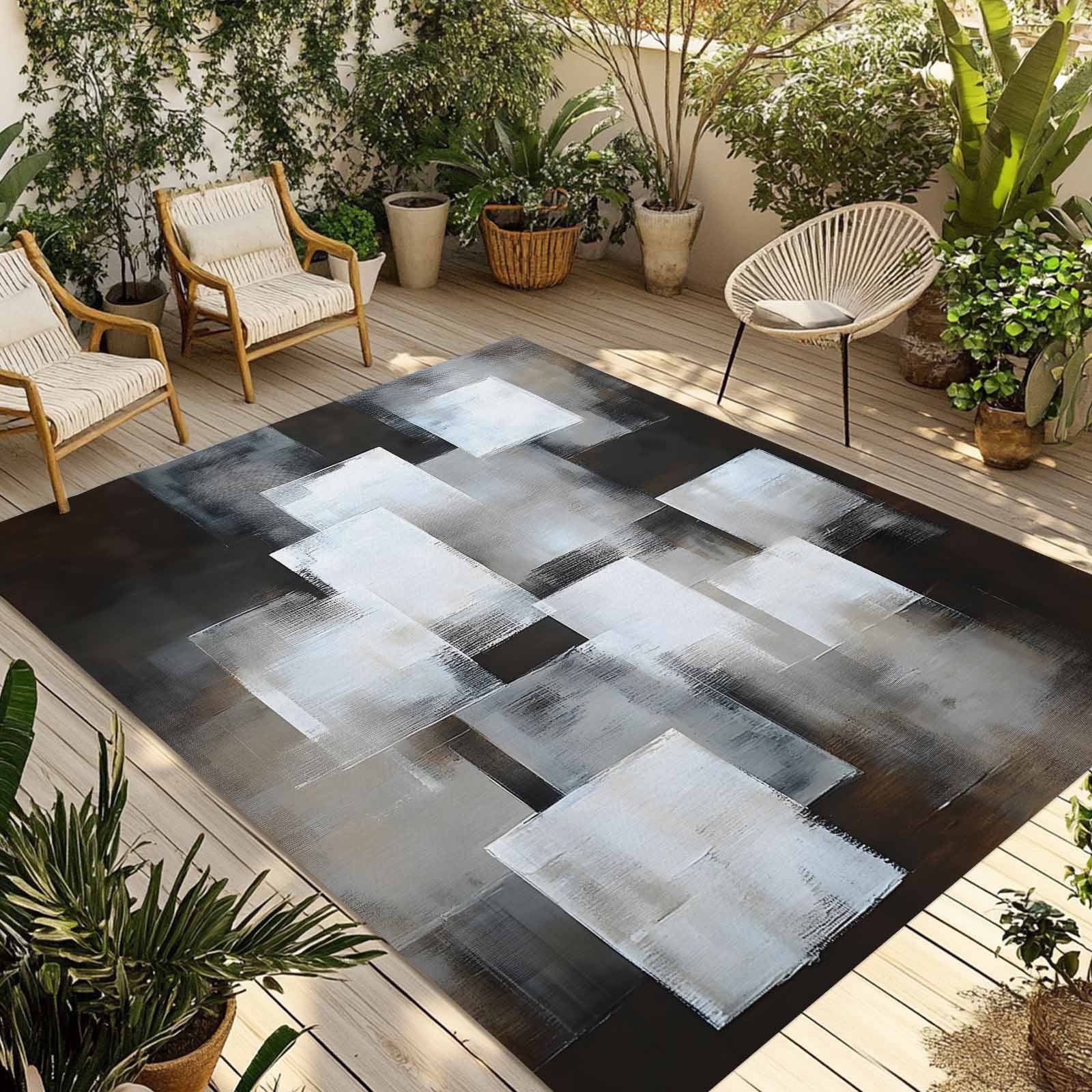 Abstract Brown White Outdoor Rug, Modern Art Black Grey Watercolor Non ...