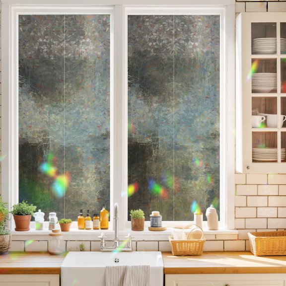 Abstract Brown Window Privacy Film Minimalist Vintage Scraped Plaster Patch Static Cling Stained Glass Window Film Non-Adhesive Decorative Decals Rainbow Sticker 17.7"X39.3"