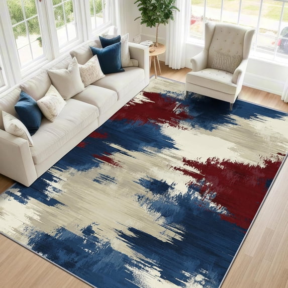 Abstract Brushstroke Area Rugs, Navy Cream Red Carpet, Washable Non ...