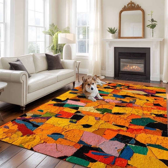 Abstract Brushstrokes Washable Area Rug 9x12 Modern Colorful Color Block Dynamic Low-Profile Large Area Rugs with Non Slip Backing Indoor Floor Carpet for Entrance Living Room Bedroom Home Office