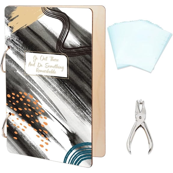 Abstract Brushstrokes Wonderful Memories Greeting Card Organizer Set Wooden Card Keeper Binder with 2-Ring 20 Pocket and Punch for Birthday Gift 24x16cm for DIY