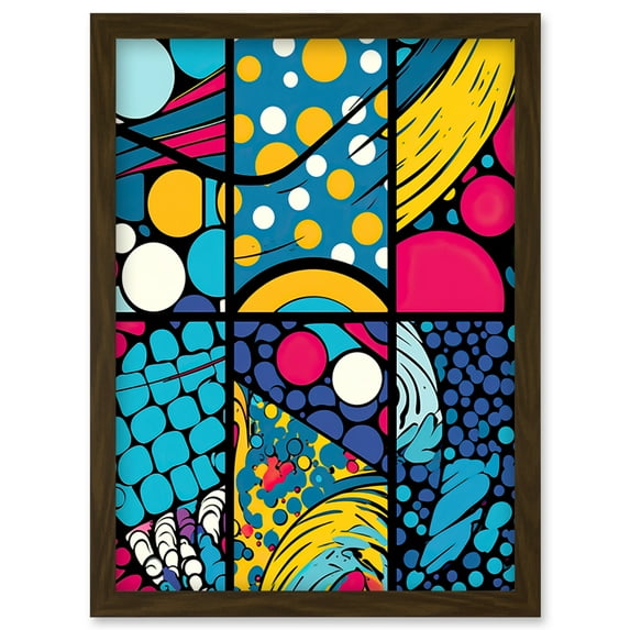 Abstract Bubbles and Geometric Patterns Comic Book Style Red Blue Yellow White Pop Art Halftone Artwork Framed Wall Art Print A4