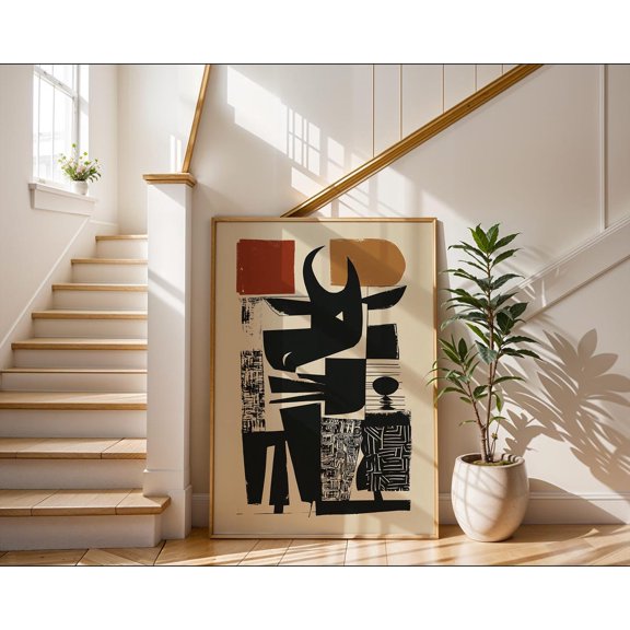 Abstract Bull Art Midcentury Modern Geometric Minimalist Taurus Wall Decor Rustic Linocut Style Illustration Bull Gift