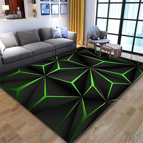 Abstract Bump Optical Illusion Area Rug, Green Gold Geometric Pattern Non Slip Stain Resistant Print Rugs, Soft Machine Washable Carpet For Indoor Bedroom Living Room Decor Rug 5x8ft