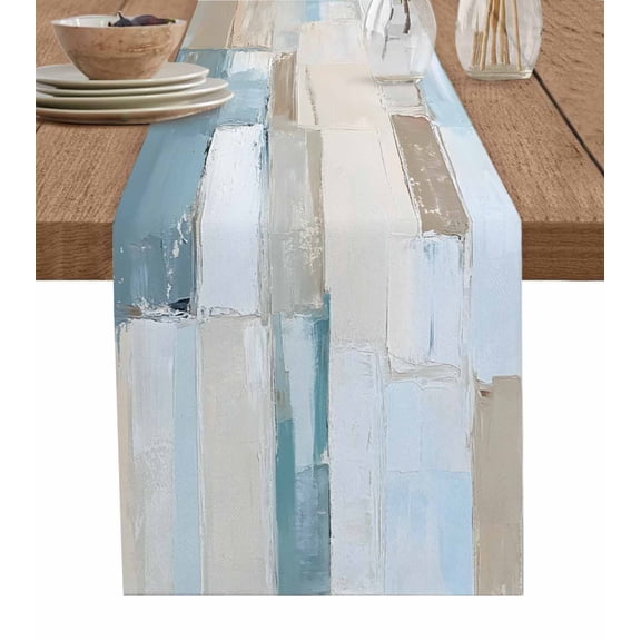 Abstract Burlap Cotton Table Runner 13x70 Inches Long, Simple Geometric Blue Brown Colors Block Farmhouse Table Runners, Outdoor Dining Tablecloths Decor for Baby Shower/Party/Wedding