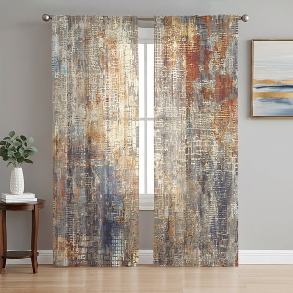 Abstract Burnt Orange Sheer Curtains 84 Inch Length 2 Panels Set, Brown Beige Vintage Artwork Voile Window Treatment Rod Pocket Curtains Sheers Drapes for Bedroom/Living Room/Kitchen 52"x84"x2