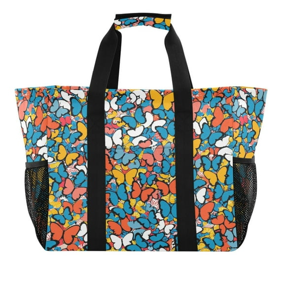 Abstract Butterflies Reusable Grocery Bags with Handle Side Pocket Waterproof Shopping Portable Tote