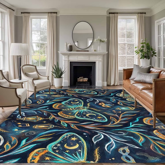Abstract Butterfly Area Rugs 8'x10', Washable Small Throw Rugs for Living Room Patio, Botanical Watercolor Moon Stars Leaf Indoor Outdoor Rug Non-Slip Low Pile Carpet Runner Reversible Floor Mats