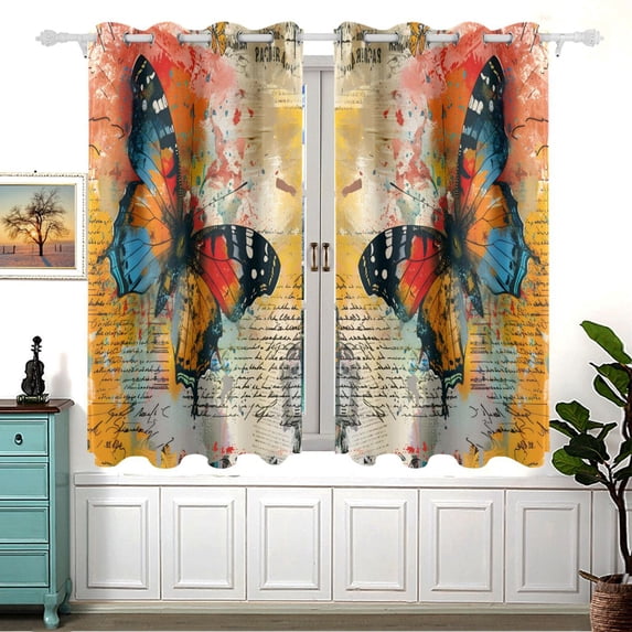 Abstract Butterfly Paper Curtain Black Out Thermal Insulation Curtains Aesthetic 54 Inch Length for Bedroom Living Room 2 panels set