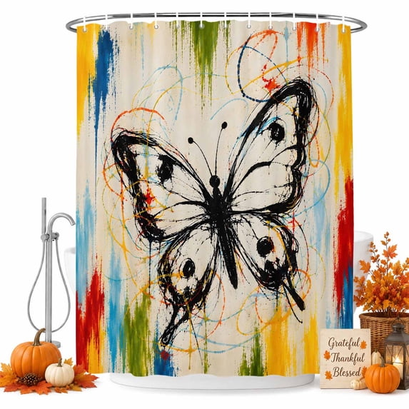 Abstract Butterfly Shower Curtain Set - Small 36" x 72" Washable Bathtub Curtain with 12 Hooks, Modern Simple Graffiti Lines Art Beige Waterproof Fabric Stall Shower Curtains for Bathroom Décor