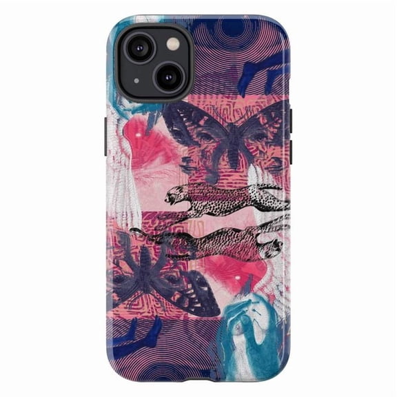 Abstract Butterfly and Leopard Pattern Phone Case, Artistic Pink and Blue Graphic Design Protective Cover for iPhone 16 15 14 13 12 11 Pro Max Mini