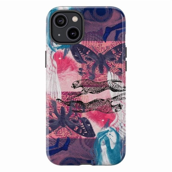 Abstract Butterfly and Leopard Pattern Phone Case, Artistic Pink and Blue Graphic Design Protective Cover for iPhone 16 15 14 13 12 11 Pro Max Mini