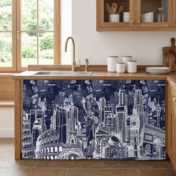 Abstract Cabinet Curtains 32" W x 55" L, Navy Blue and White Global Landmarks Collage Art Under-Desk Privacy Dust Proof Drape Dishwasher Curtain Sink Skirt for Kitchen Closet Bathroom Laundry