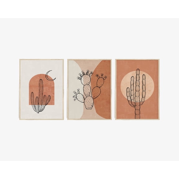 Abstract Cactus Desert Print Set Boho Sun Moon Terracotta Blush Black Set 3 Stretched Canvas 8x12