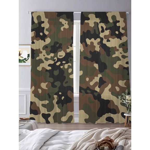 Abstract Camouflages Texture Sheer Curtains 2 Panels Set Retro Camo Pattern Lihgt Filtering Rod Pocket Voile Drape,Semi Sheer Window Curtains for Bedroom Living Room,52"x84"