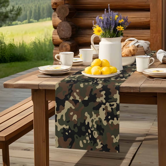 Abstract Camouflages Texture Table Runner 60 Inch Long Retro Camo Pattern Table Runners Linen Burlap Tablerunner for Kitchen Dining Room Holiday Party