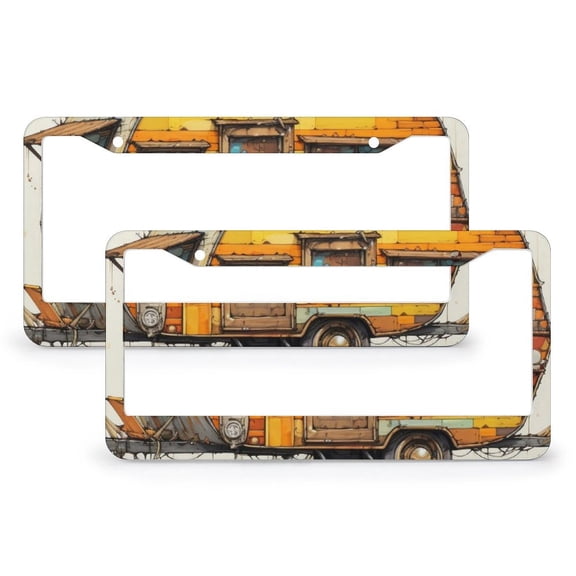 Abstract Camper License Plate Frames 2 Pcs Set Camper Trailer Campfire License Plate Frame License Plate Shield Frame Fits All Car 2 Round Holes Quality Aluminum Metal License Plate Frame