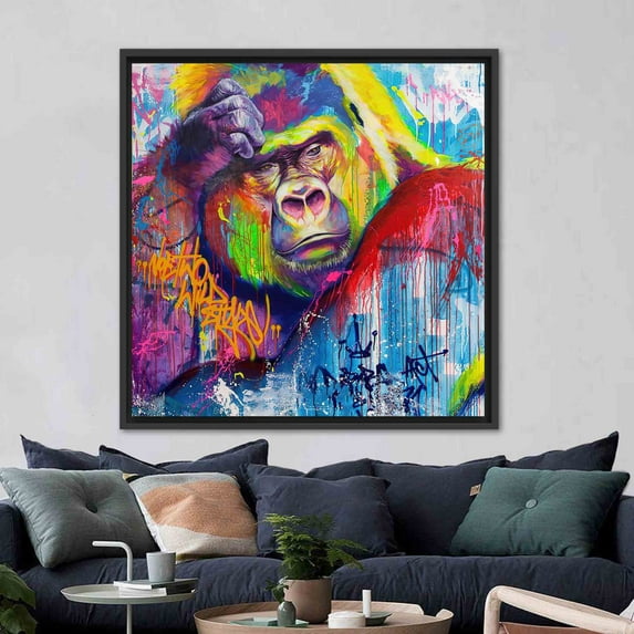 Abstract Canvas Art, Chimp Art, Monkey Canvas Art, Modern Artwork, Thinking Gorilla Poster, Abstract Gorilla Canvas, Canvas Wall Decor - Gold Framed
