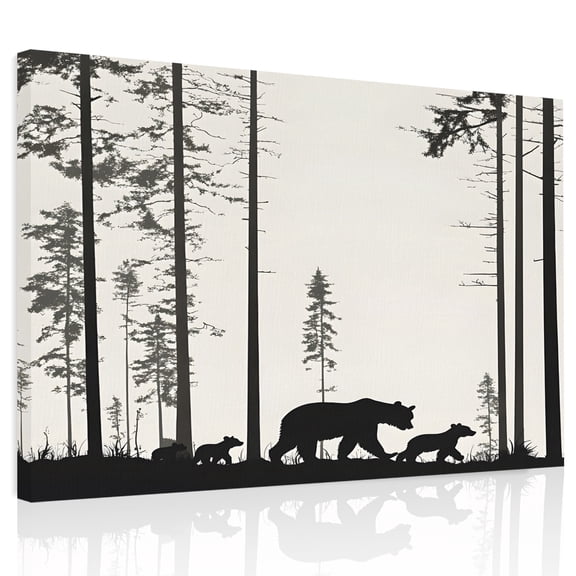 Abstract Canvas Print Wall Art, Animal Bear Family Forest Trees Silhouette Wall Decor Modern Artwork Paintings Pictures for Living Room Framed and Stretched Ready to Hang, 24" x 32"