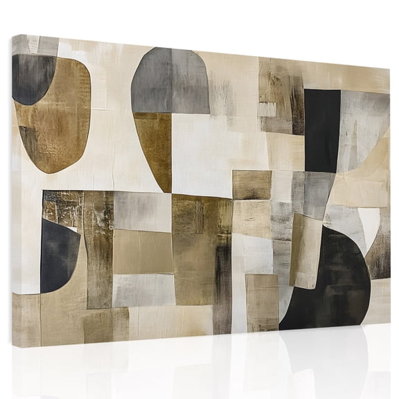 Abstract Canvas Print Wall Art, Brown Black Color Block Geometric Contemporary Wall Decor Modern Artwork Paintings Pictures for Living Room Framed and Stretched Ready to Hang, 12" x 16"