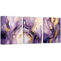 Abstract Canvas Prints Wall Art 3 Piece Purple and Gold Abstract Bathroom Pictures for Living Room Bedroom Decor Framed (12x16inchx3Pcs, Purple - 2)