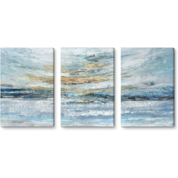 Abstract Canvas Wall Art for Bedroom 3 Piece Ocean Painting Coastal Theme Artwork Blue and Gold Sunset & Sunrise on the Beach Seascape Picture for Bathroom Living Room Light 12x16inchx3 panel