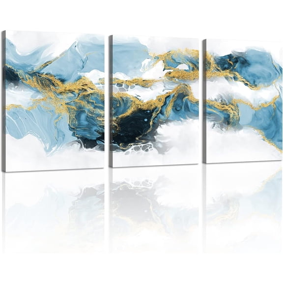 Abstract Canvas Wall Art Blue Fantasy Modern Paintings with Gold Foil for Living Room Bedroom 12"x16"x3 Panel